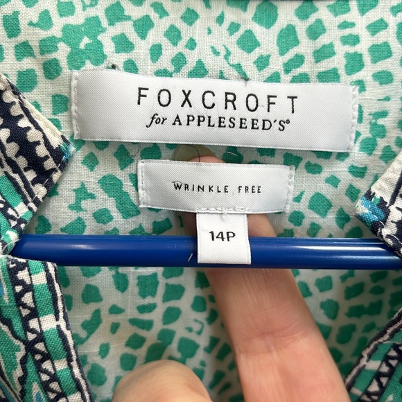 Foxcroft for Appleseed’s Wrinkle Free Y-neck Tunic green white mosaic cotton 14P - Picture 7 of 16